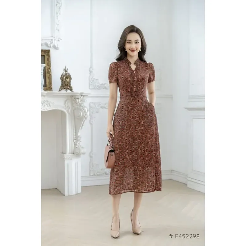 Đầm cổ Tàu dáng dài họa tiết vintage 577016
