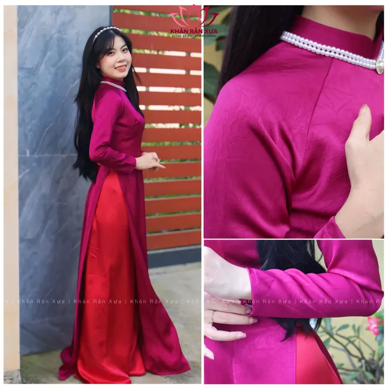 Váy cô dâu cổ cao dài tay chất liệu lụa màu trắng kem 737788