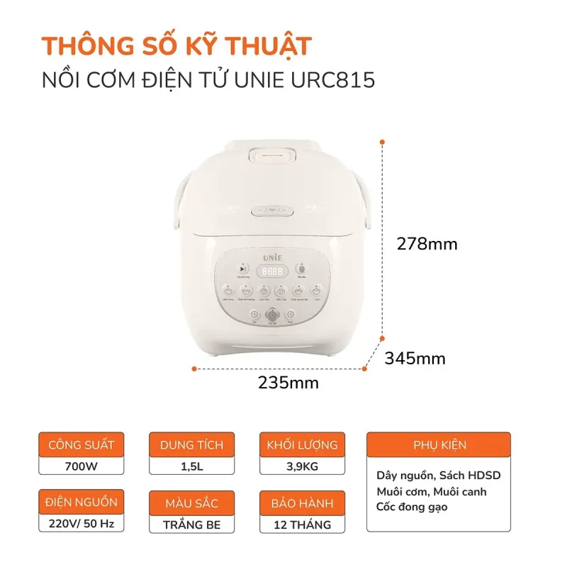 Nồi cơm điện lòng gốm tự nhiên UNIE URC815 nấu cơm cháy giòn tan, dung tích 1,5L 598334