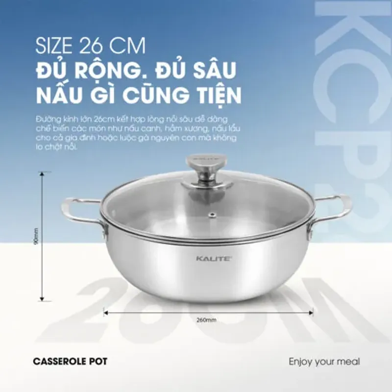 Nồi inox liền khối cao cấp đa năng KALITE KCP2602 – Size 26cm, hiệu suất bắt từ 98% 572311