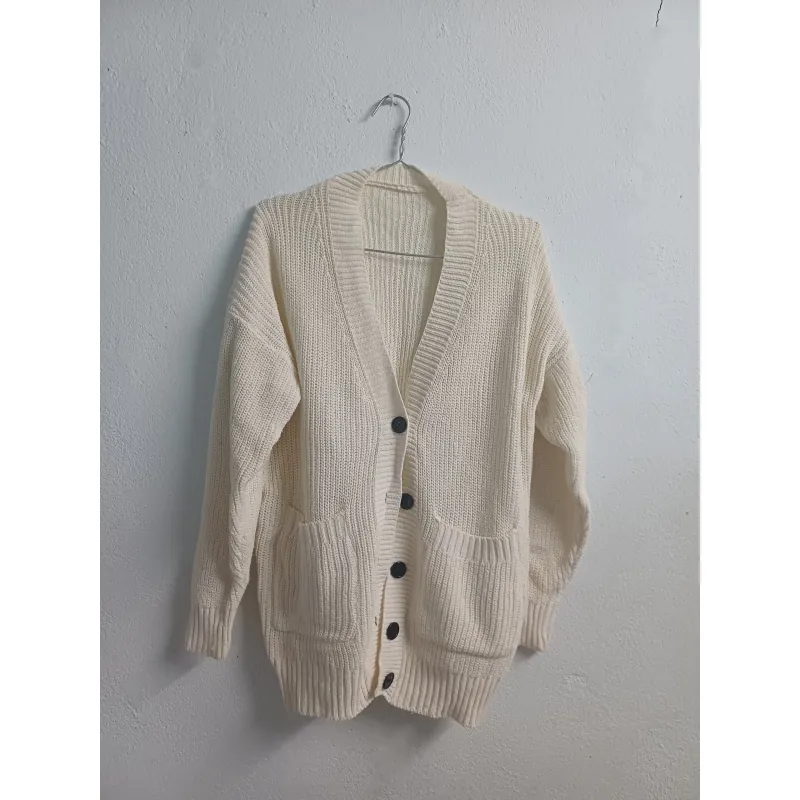 ÁO KHOÁC LEN DỆT KIM - CADIGAN GÂN DỌC BE BASIC DÁNG RỘNG - FREESIZE - MÀU BE  753762