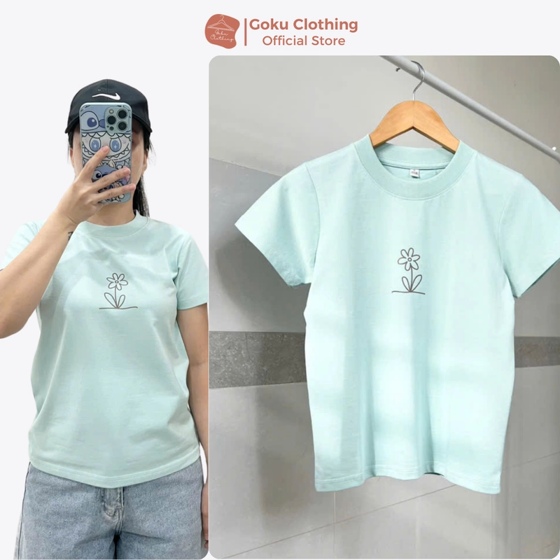 Áo Thun Nữ Cotton Xanh In Hoa Nhỏ Size SML Hàng Mới 316048