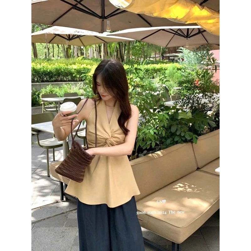 Áo Đũi Cổ Yếm Xoắn Ngực Hở Lưng Nhún Smocking Quyến Rũ Mặc Đi Chơi, Đi Biển 551182
