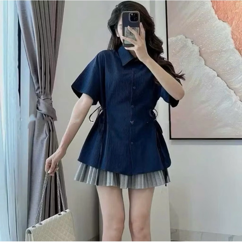Pass Áo sơ mi đũi chiết eo nơ kiểu tiểu thư công sở xinh xắn 524758