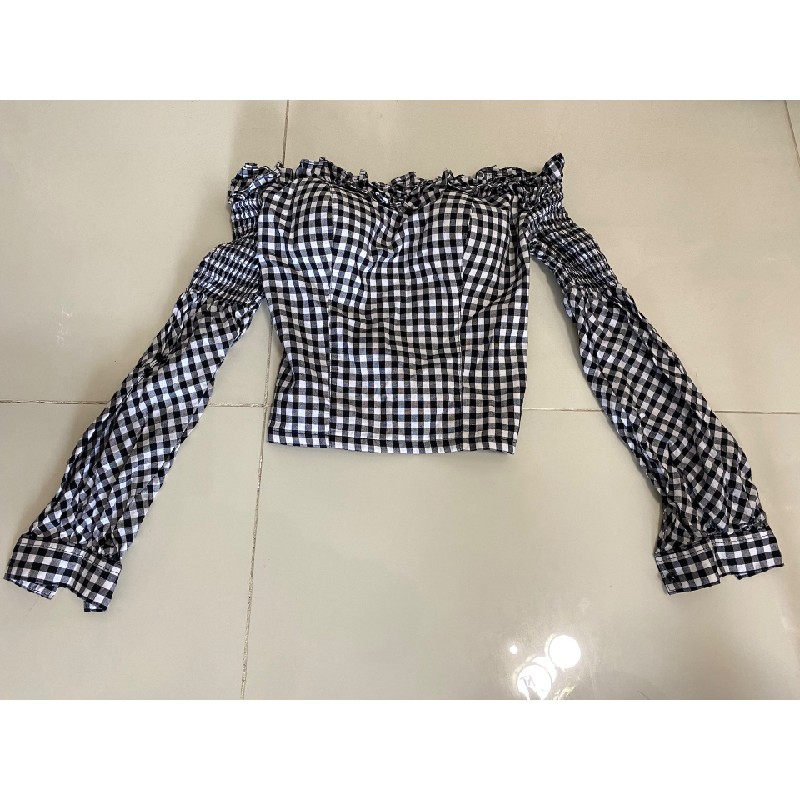 Áo croptop lửng tay dài ca rô 25685