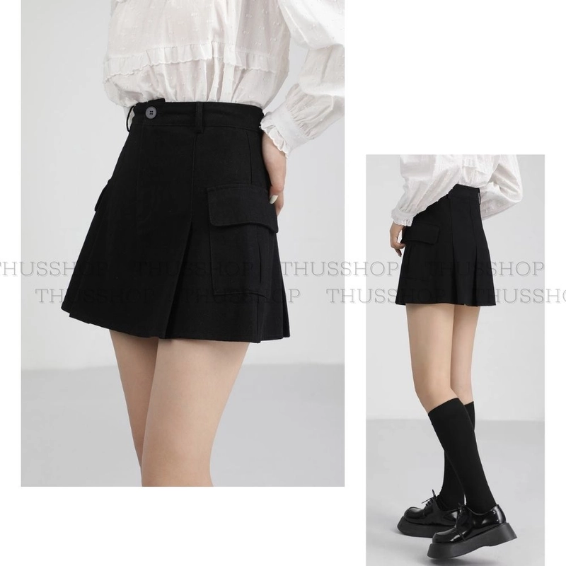 Chân Váy Xếp Ly Kaki Mềm Không Nhăn Phối Túi Nắp Sườn, Váy Xếp Li Dáng A Có Quần Lót Trong 442533