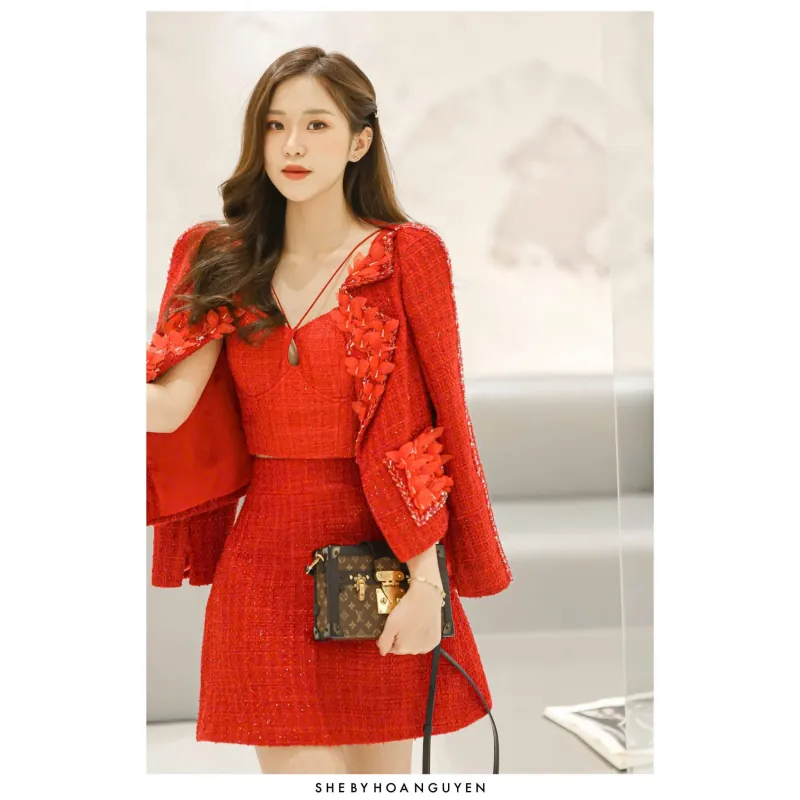 Set áo khoác dạ tweed & chân váy cover SHE BY HOA NGUYEN SIZE M (ko kèm áo quây trong) 748626