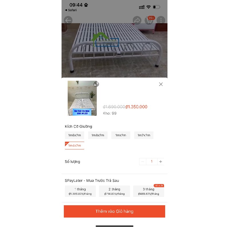 Giường sắt + Nệm Thắng Lợi 1m4x2m 24316