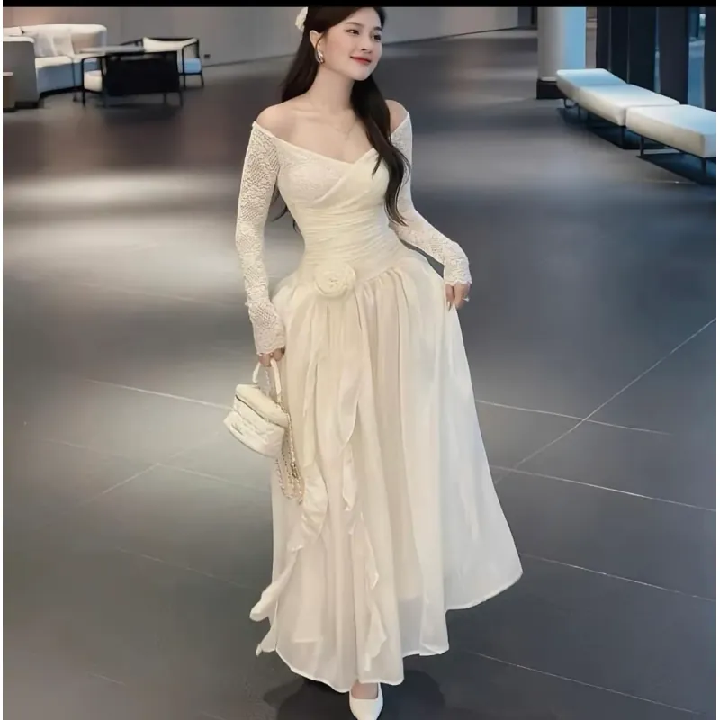 Đầm váy nữ ren phối tơ trễ vai đính hoa dài tay 1010714