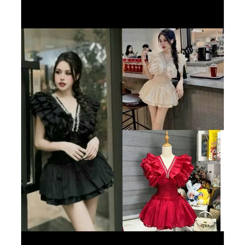Sét áo cổ V đính đá, bo chun eo 496462