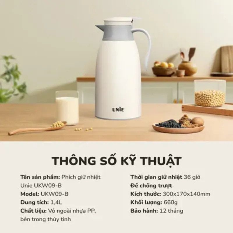 Phích giữ nhiệt UNIE UKW09-P, dung tích 1,4L, giữ nhiệt 36 giờ, vòi rót tiện lợi 787973