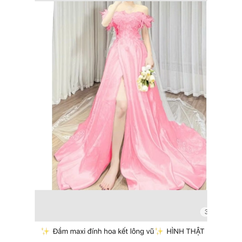 Đầm maxi kết hoa đính lông vũ, size M, mặc 1 lần  461959