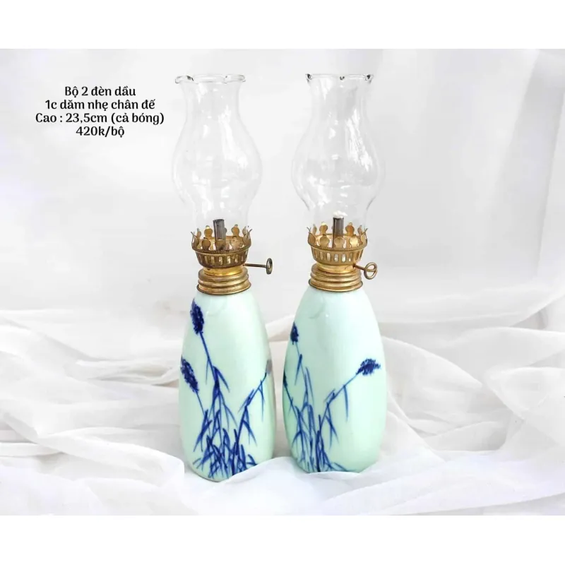 Đèn dầu sứ cao cấp họa tiết hoa cỏ cao 23.5cm bộ 2 603002