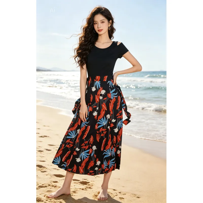 Đầm maxi họa tiết hoa lá tay ngắn, freesize (S,,M) độ mới cao 970337