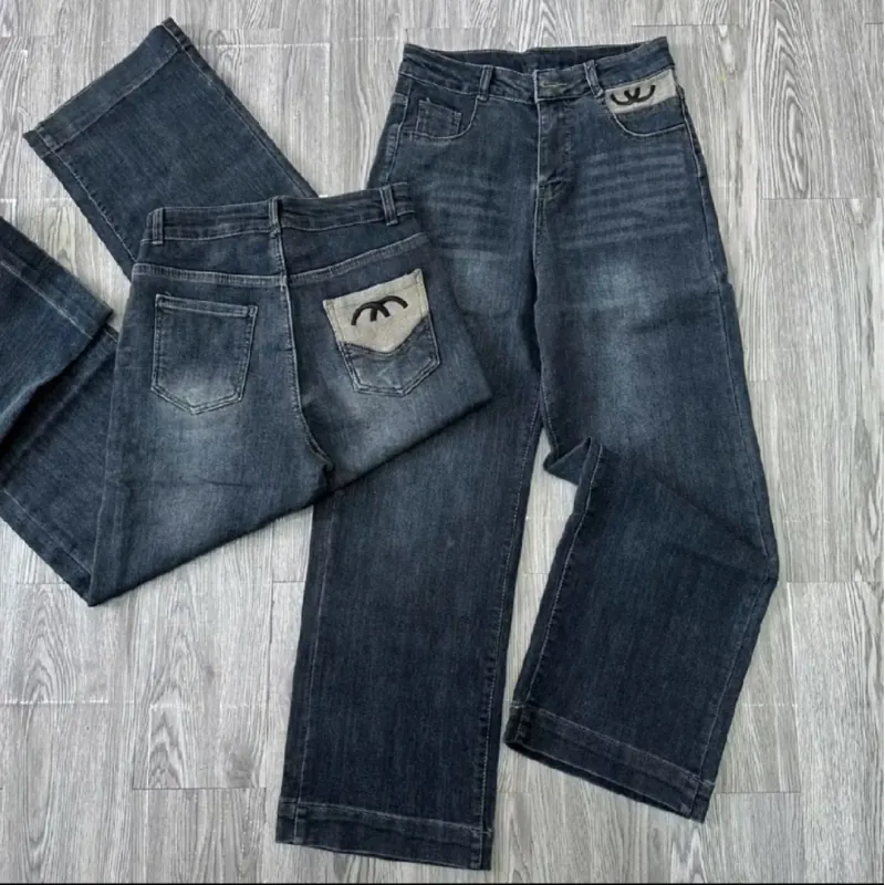 Quần Jean nữ ống đứng cạp cao co giãn túi thêu CC, quần bò nữ Quảng Châu lưng cao Hot  990873