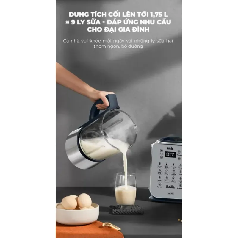 Máy làm sữa hạt UNIE V9S PRO dung tích 1,75L, xay nấu siêu êm, vệ sinh khử khuẩn tự động 574436