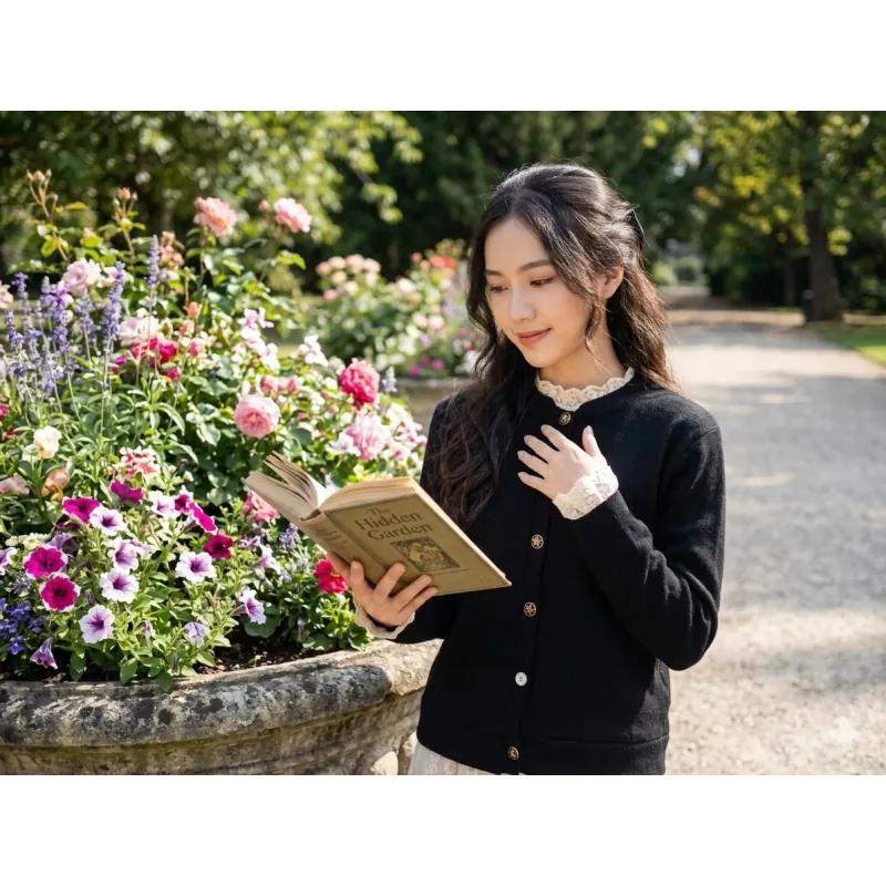 Áo khoác len Cardigan nữ size M, màu đen, tay phối ren hoa 993419