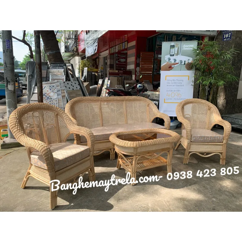 Bàn ghế sofa mât kết hợp lưới mây mắt cáo 719001