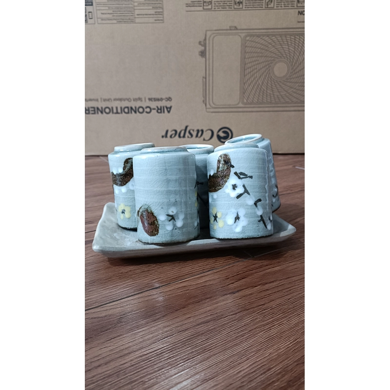 Bộ cốc ly chén gốm Nhật -(Men Mộc + Men Rạn)-(Bộ 5 Ly + 1 Khay)[Ly uống nước, trà, cà phê] 470509