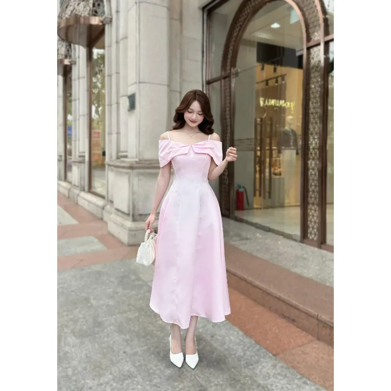 Váy đầm nữ tay ngắn họa tiết hoạ tiết phối đen_size M màu hồng 715963