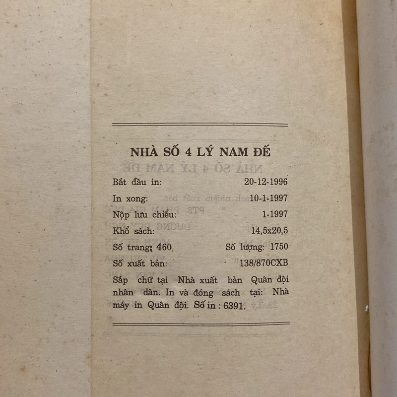 NHÀ SỐ 4 LÝ NAM ĐẾ (HỒI ỨC, TƯ LIỆU, KỶ YẾU) XUẤT BẢN NĂM 1997 470490