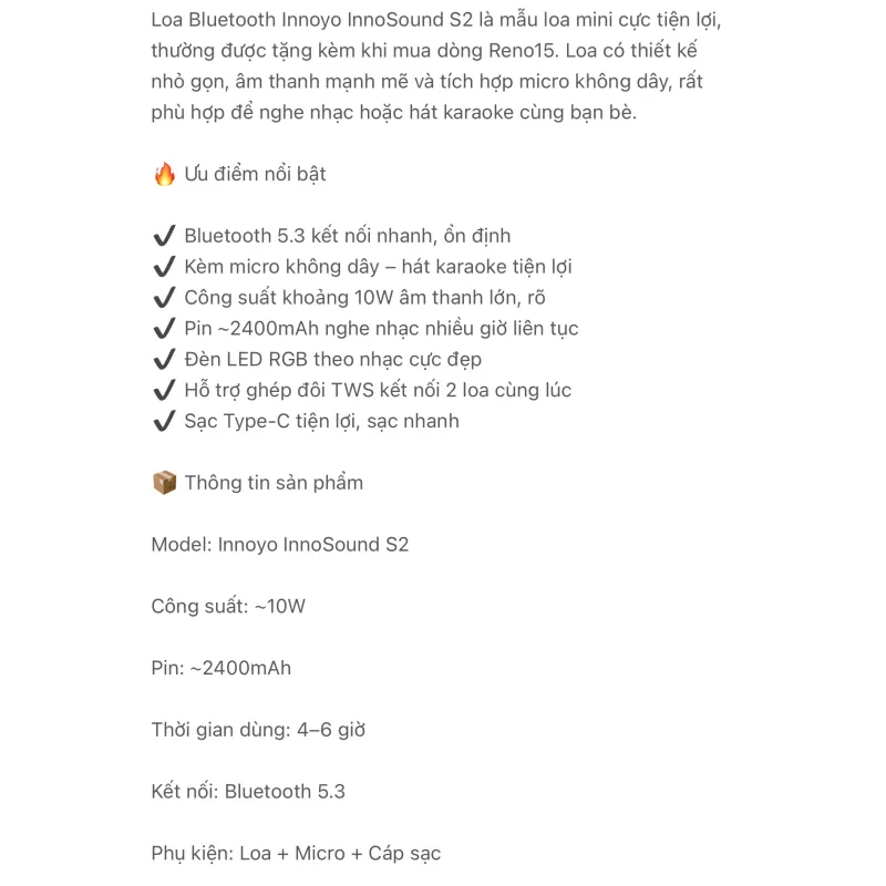 Loa Bluetooth Innoyo InnoSound S2  Kèm Micro | Bluetooth 5.3 | Pin Trâu | Âm Thanh Lớn 999952
