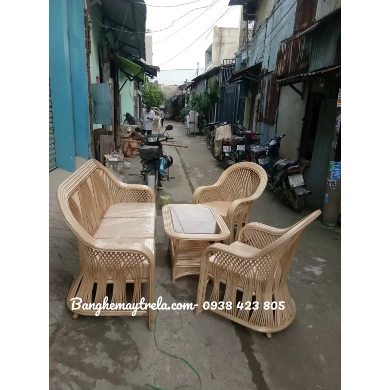 Bàn ghế mây tự nhiên cây đóng 735223