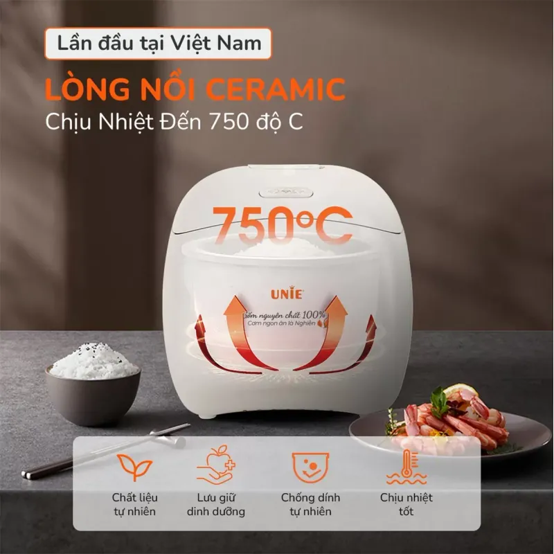Nồi cơm điện lòng gốm tự nhiên UNIE URC815 nấu cơm cháy giòn tan, dung tích 1,5L 598334