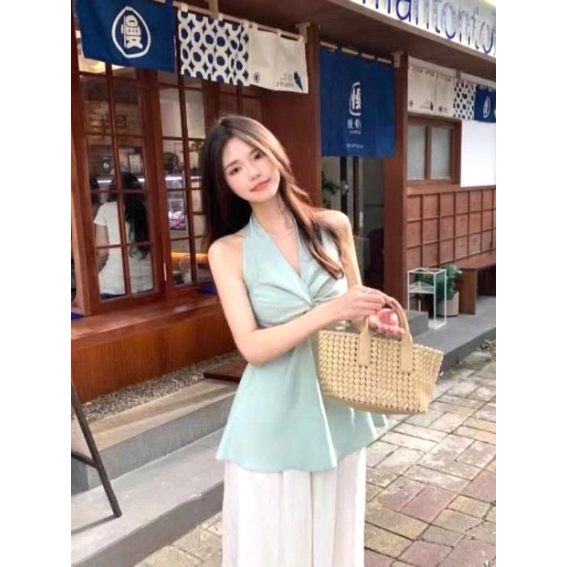 Áo Đũi Cổ Yếm Xoắn Ngực Hở Lưng Nhún Smocking Quyến Rũ Mặc Đi Chơi, Đi Biển 551182