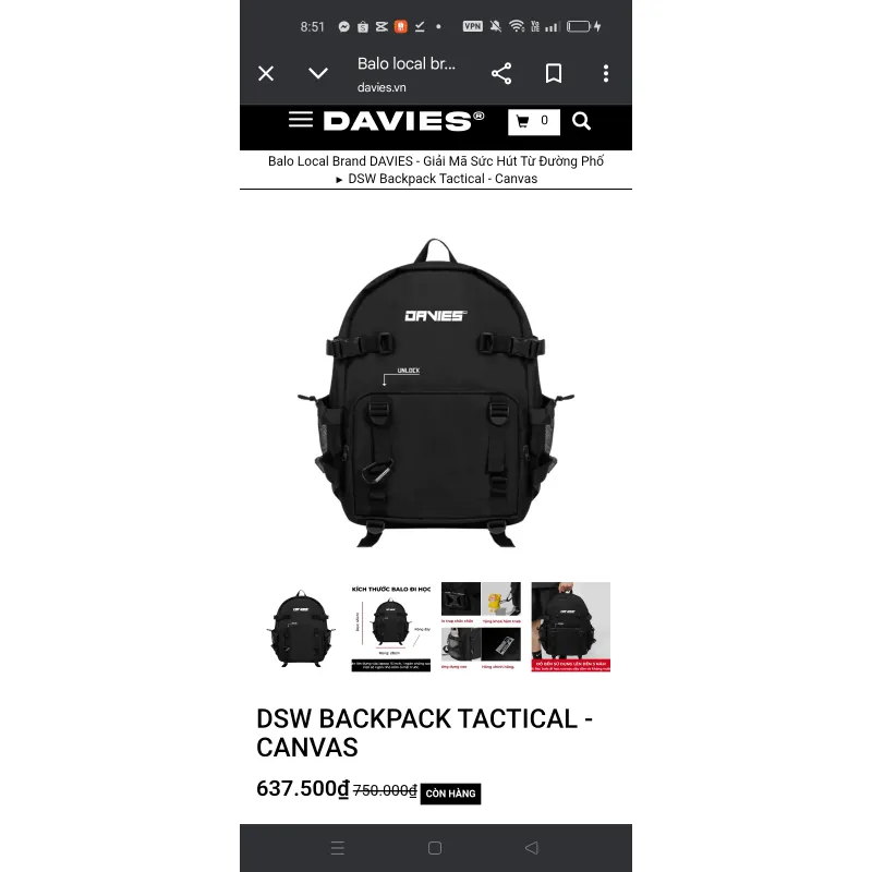 Balo davie pass vải dù canvas cũ 788838