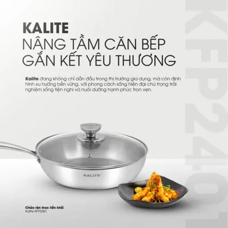 Chảo inox liền khối Kalite KFP2401 24cm, inox 304 3 lớp, vung kính chính hãng mới 100% 573925