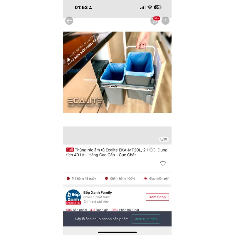 Thùng rác âm tủ Ecalite EKA-MT20L, 2 HỘC, Dung tích 40 Lít - Hàng Cao Cấp - Cực Chất 706666