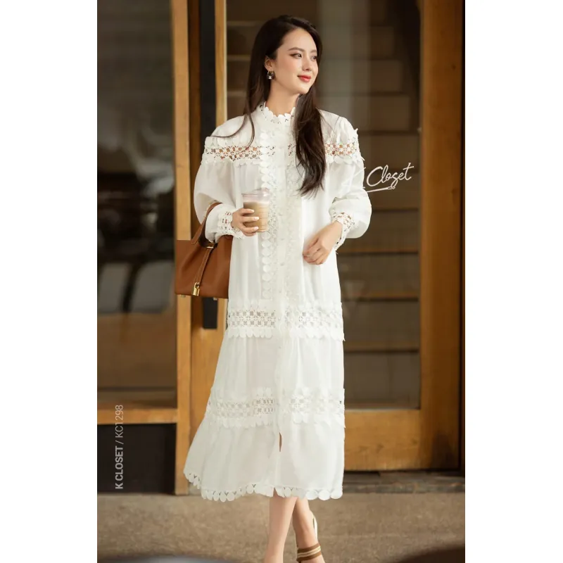 Đầm công sở nữ cổ điển phối ren màu trắng phong cách Hàn Quốc 777182