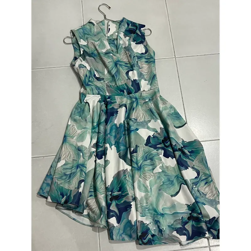 Váy nữ dài xếp ly họa tiết hoa lá xanh dương phong cách thanh lịch 718983