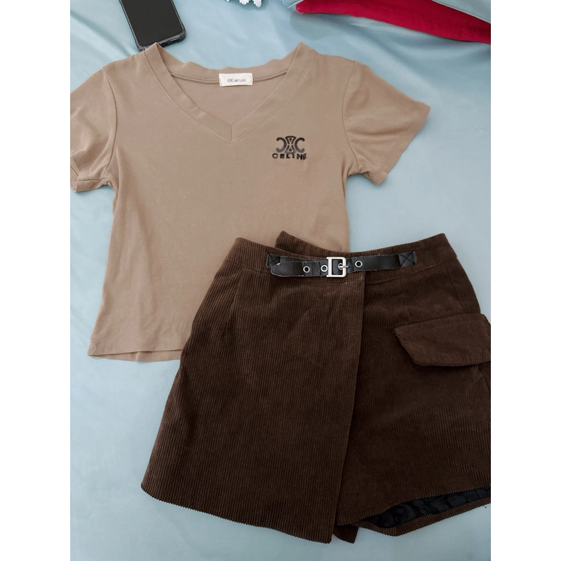 (ẢNH THẬT) Thanh lý Set áo thun cổ tim + quần giả váy size S 505693