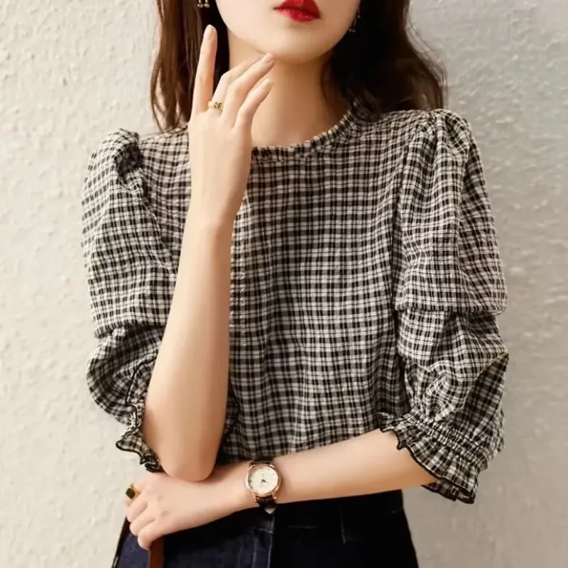 Áo sơmi tay ngắn dáng rộng in kẻ sọc phong cách mùa hè 760068