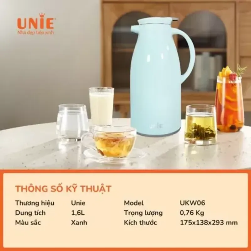 🧋 Phích Giữ Nhiệt UNIE UKW06 – Dung Tích 1.6L, Giữ Nhiệt 24h, Ruột Thuỷ Tinh Borosilicate 718262