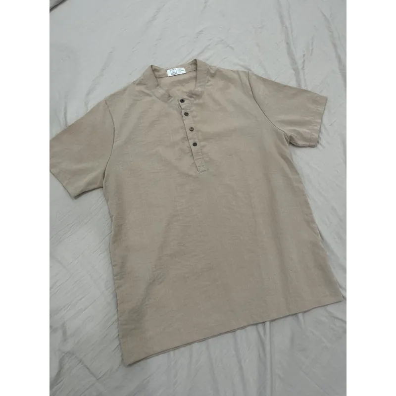 Áo nam cổ tàu chất liệu linen màu be  729069