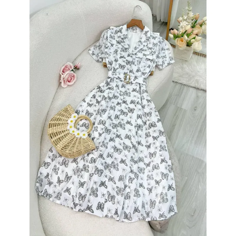 Váy đầm nữ tay ngắn họa tiết hoạ tiết phối đen_size M màu hồng 715963
