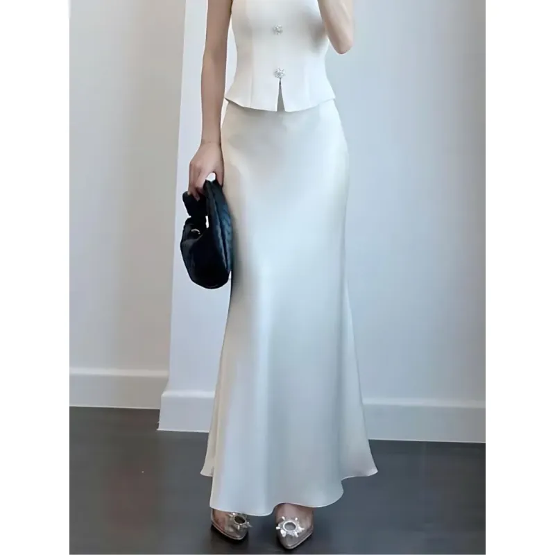 Chân váy lụa dáng dài, Chân váy lụa đuôi cá cạp trễ 2 lớp lụa vân gỗ mềm mịn đủ size S 1004389