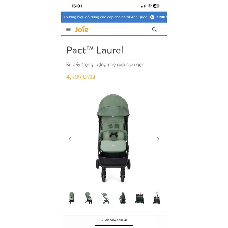 Xe đẩy trẻ em Joie Pact Laurel gập nhẹ, màu xanh lá 1002606