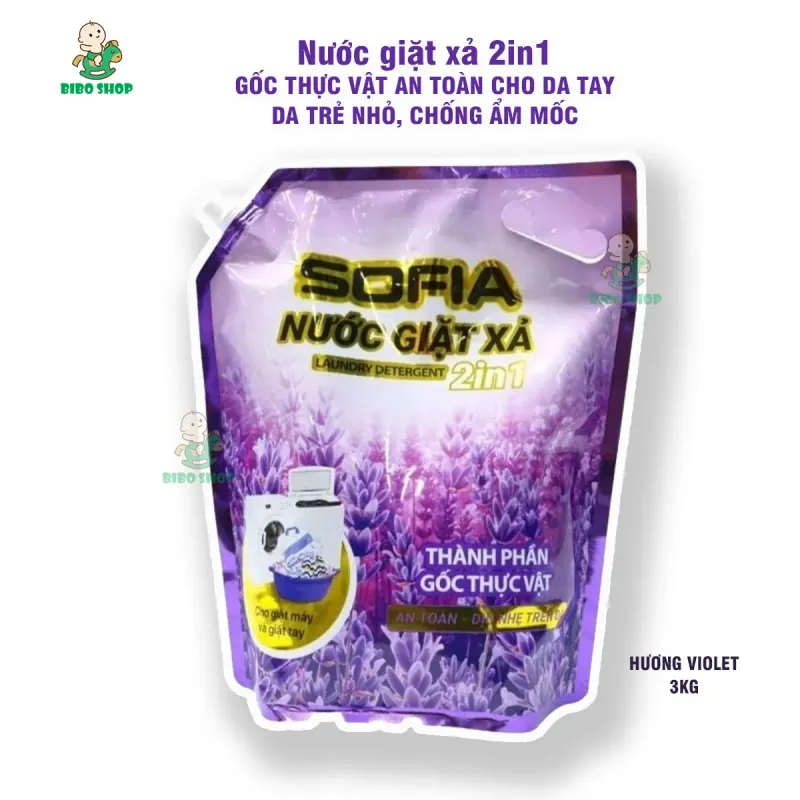 Nước giặt xả 2in1 3kg | GỐC THỰC VẬT AN TOÀN DA TAY, DA TRẺ NHỎ, CHỐNG ẨM MỐC (loại túi) 553597
