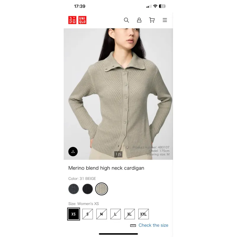 UNIQLO Merino blend high neck cardigan, size XS, đã qua sử dụng, mất tag, như mới 776353