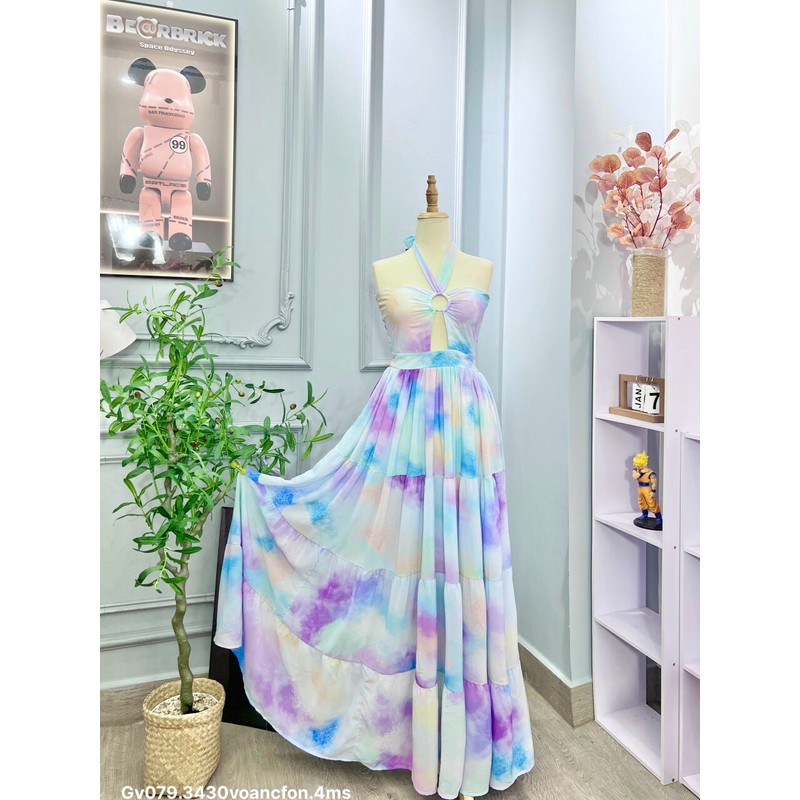 Gv079- đầm maxi ở ng tím xẻ, chất voan chiffon, 40-58kg 93161