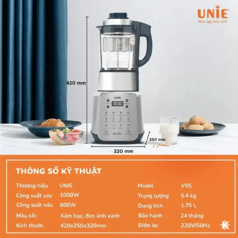 🛡️ Máy làm sữa hạt UNIE V9S – Cối thủy tinh chịu nhiệt, bền bỉ, dễ vệ sinh 783467