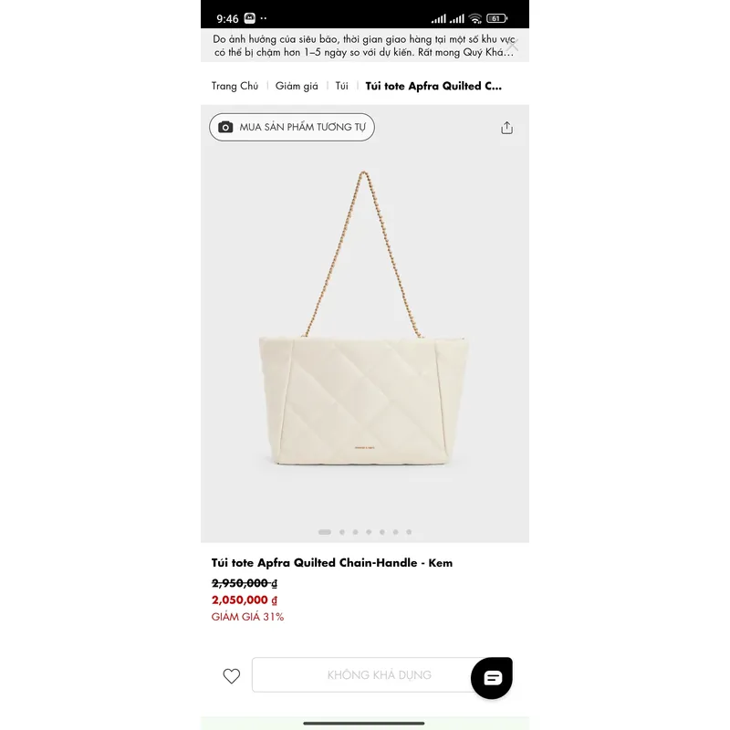Túi tote Apfra Quilted Chain- Handle - Kem - hàng Limited - Sale 50% 595836