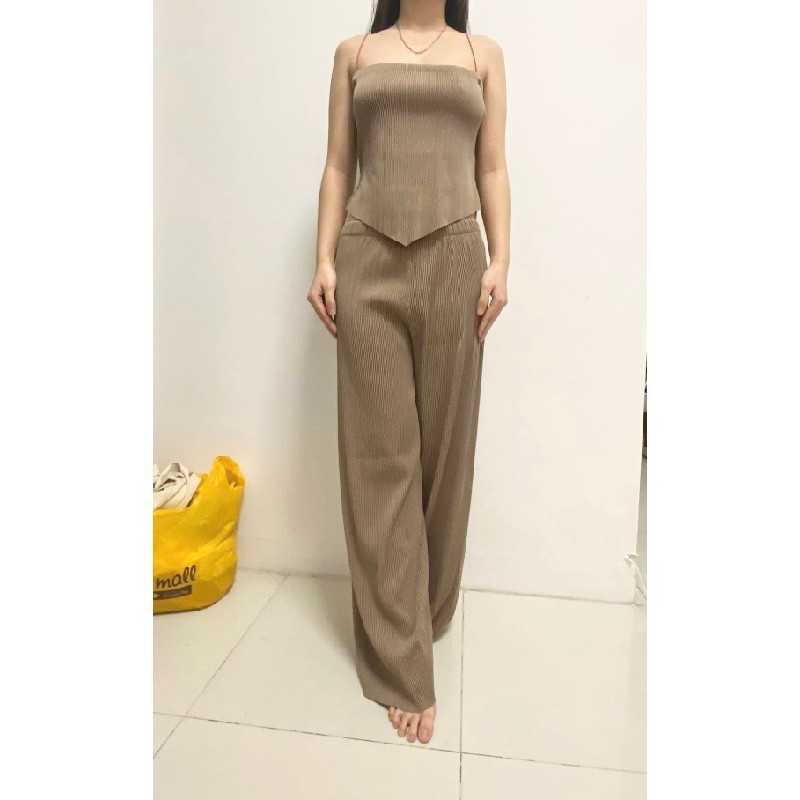 Bộ nâu quần rộng áo dây, jumpsuit cúp ngực 26001