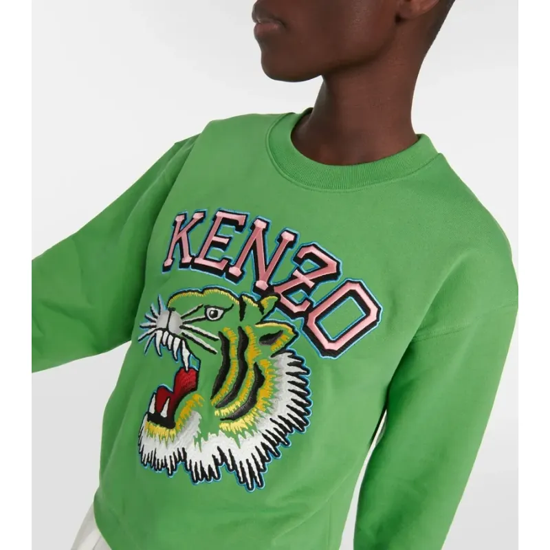 Áo nỉ Kenzo unisex thêu đầu hổ và chữ màu xanh lá 757828