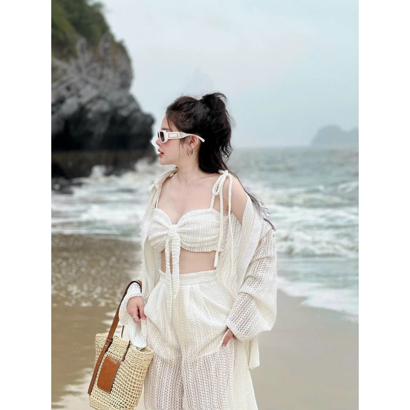 Sét Bộ 3 Món Đi Biển Ren Có Lót Áo Nơ Sét Bộ Đi Biển Siêu Sang Chảnh Bigsize   494280