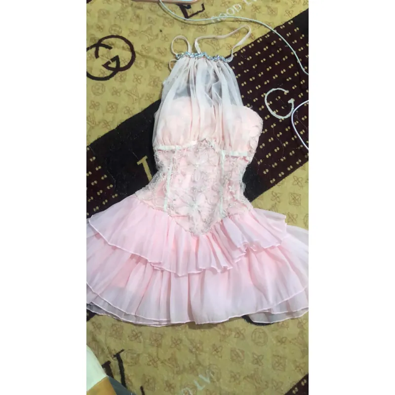 váy nữ hai dây màu hồng nhạt dáng xoè ren hoa phong cách tiểu thư dễ thương  972437